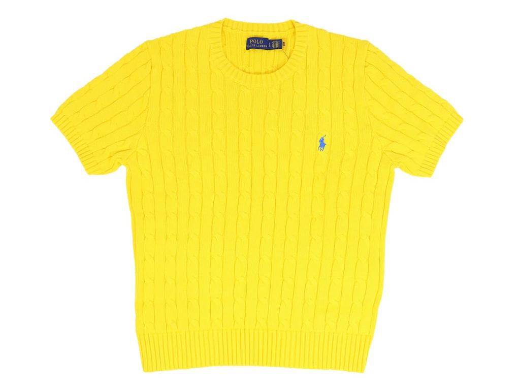 POLO Ralph Lauren Short Sleeve Cotton Cable Crew Neck Size Yellow Women's Sweater, Small, (Product Code 01020123)