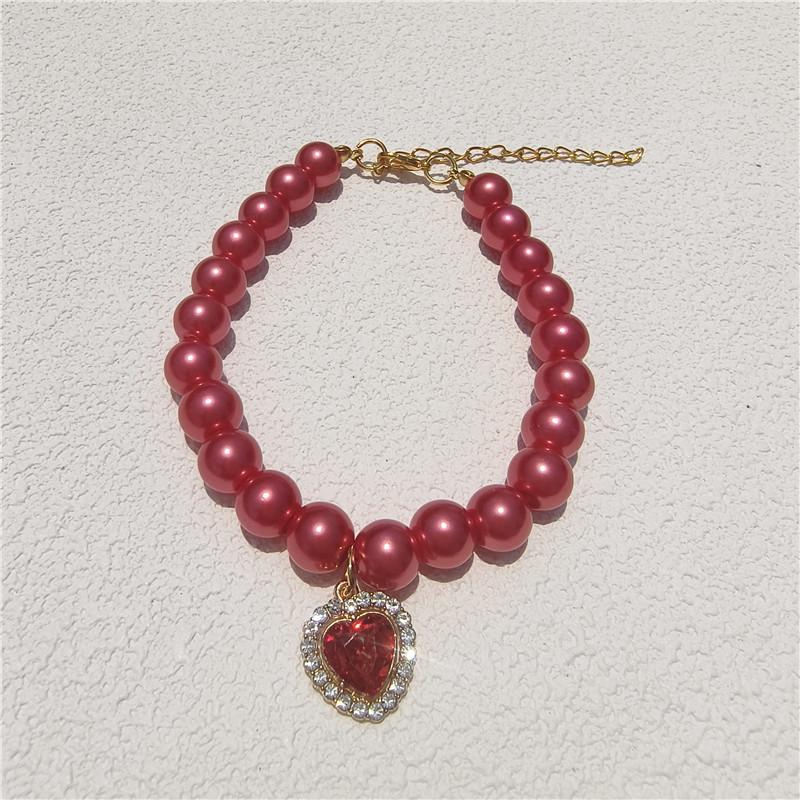 Fashion cat and dog jewelry imitation pearl love gemstone pendant pet necklace multi-color optional cat XS 15-20CM красный