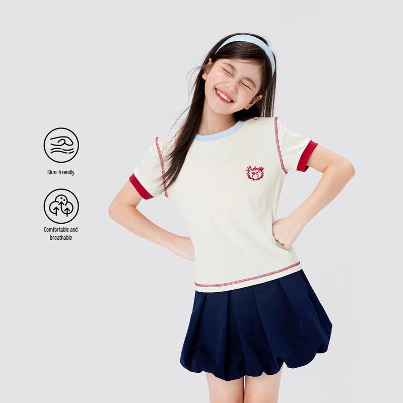 Girls  Contrast Patchwork Embroidered T-Shirt 140