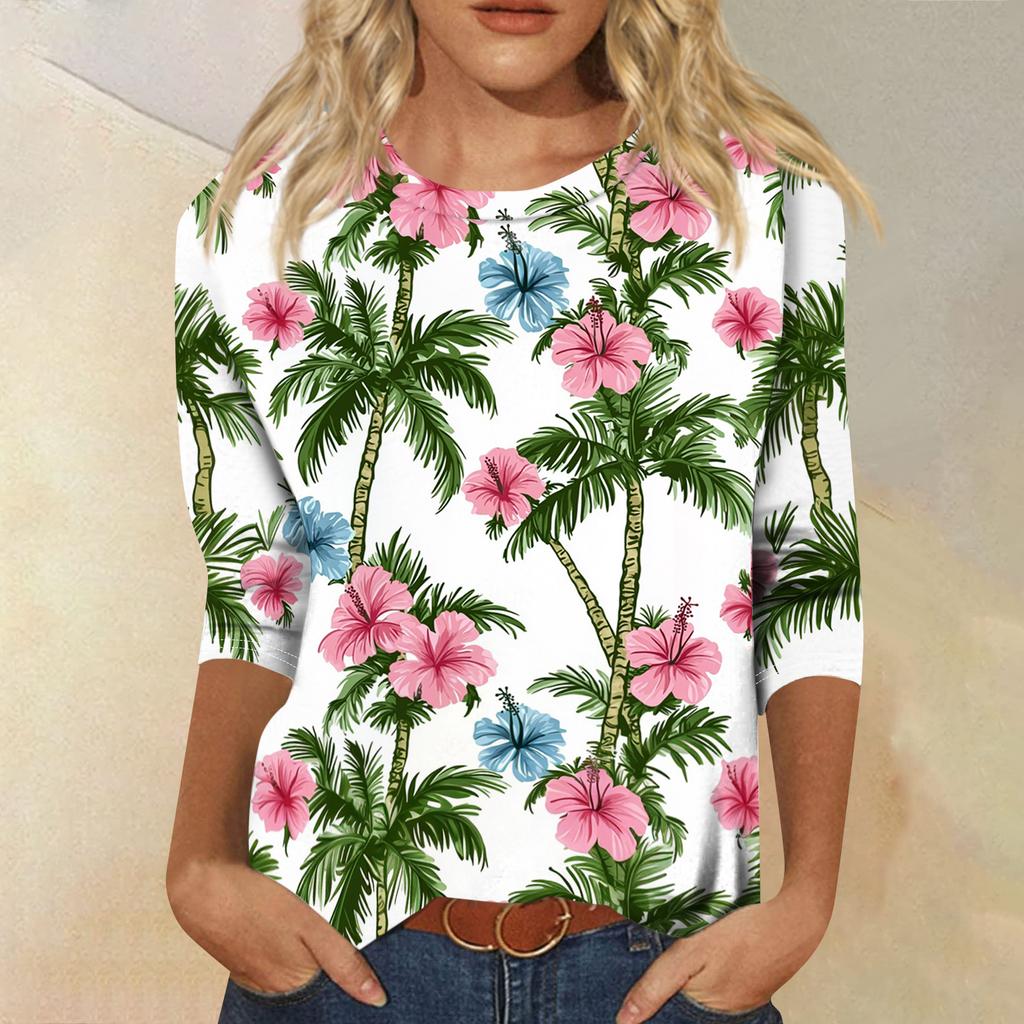 Módní vintage top s 3/4 rukávem pro ženy, dámská ležérní halenka s tříčtvrtečním rukávem a kulatým výstřihem s potiskem