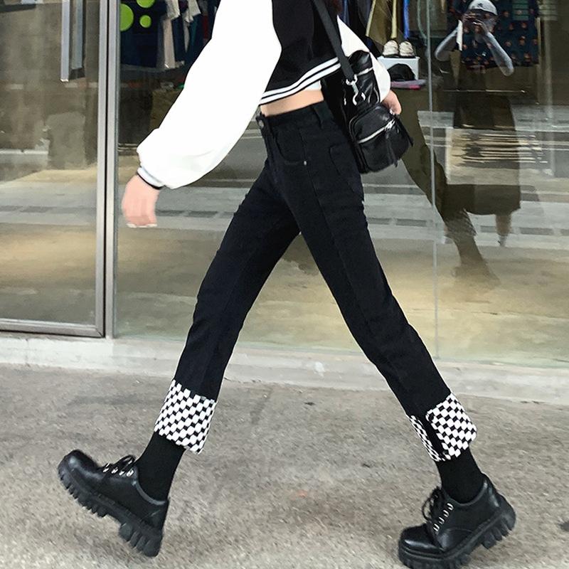 American checkerboard splicing high-waisted jeans children's tide year new thin small straight nine-point pants