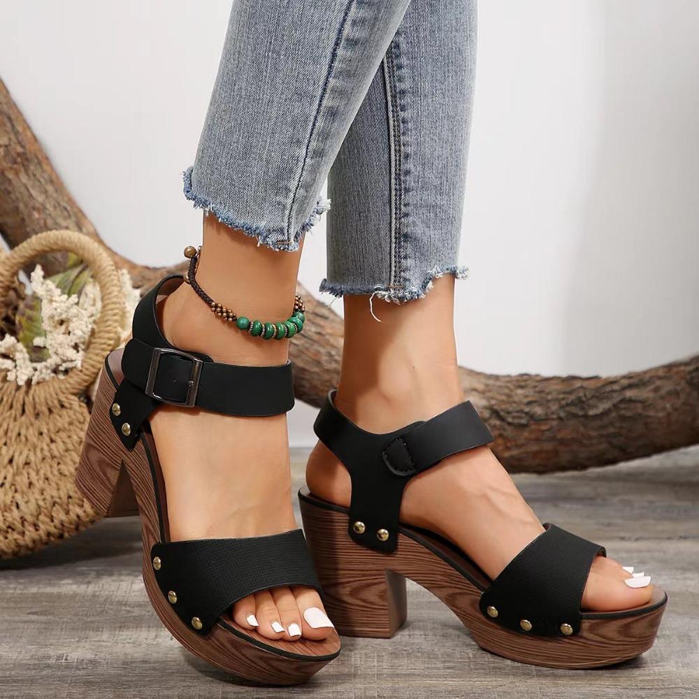 Fashion 2024 Leisure Women's Sandals Rivet PU Wood-like High Heels Comfort Sandals Thick Heel Soft Leather Woman Summer Shoes 8cm