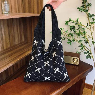 Knitted Bag, Women's New Style, Knitted Yarn Embroidered Bow, Ladies Commuting, Students Vacation Style, One Shoulder Tote Bag