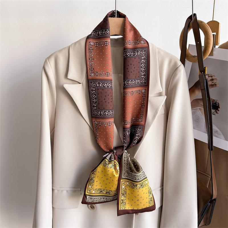 Women Satin Vintage Paisley Printed Design Scarf Shawl Fashion Luxury Long Narrow Small Scarves Ladies Headband Headscarf