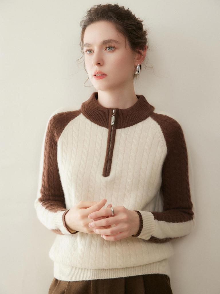 Half-Zip Color-Block Cashmere Women's Knit Sweater - Loose, Slimming, Soft, and Skin-Friendly Fashion Sweater