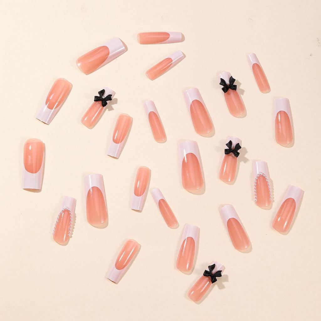3D Butterfly Pearl French Tip False Nails