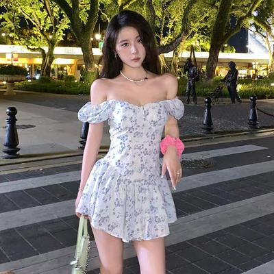 Super Fairy Gentle Wind Floral Dress Bubble Sleeves Small Fresh Square Neck Short Sleeve Skirt New Temperament Short Skirt