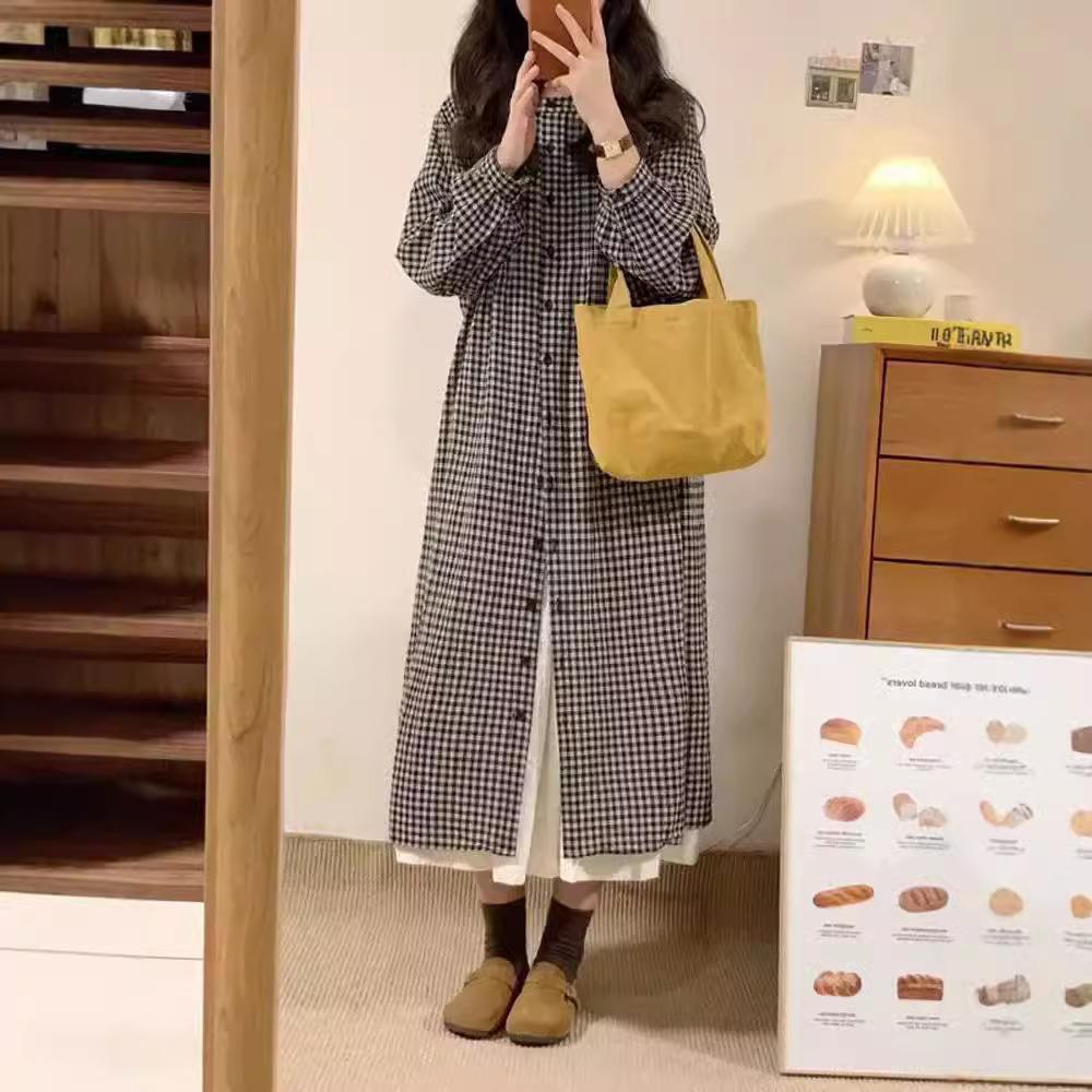 Retro plaid long-sleeved shirt skirt 2025 autumn stacking lazy style small temperament cotton and linen dress