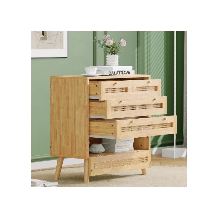 Armoire - MUVOE - 3 Tiroirs - Rotin - Bois Aggloméré - Poignées Dorées