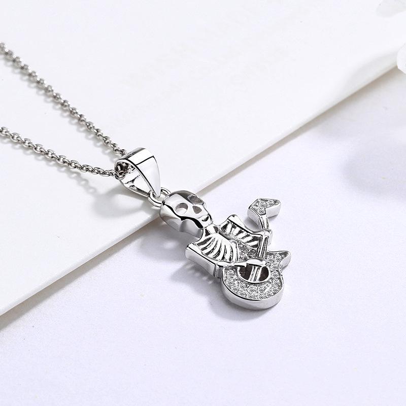 925 Sterling Silver Vintage Skull Guitarist Pendant Necklace - Unisex European American Hip Hop Punk Style Clavicle Chain
