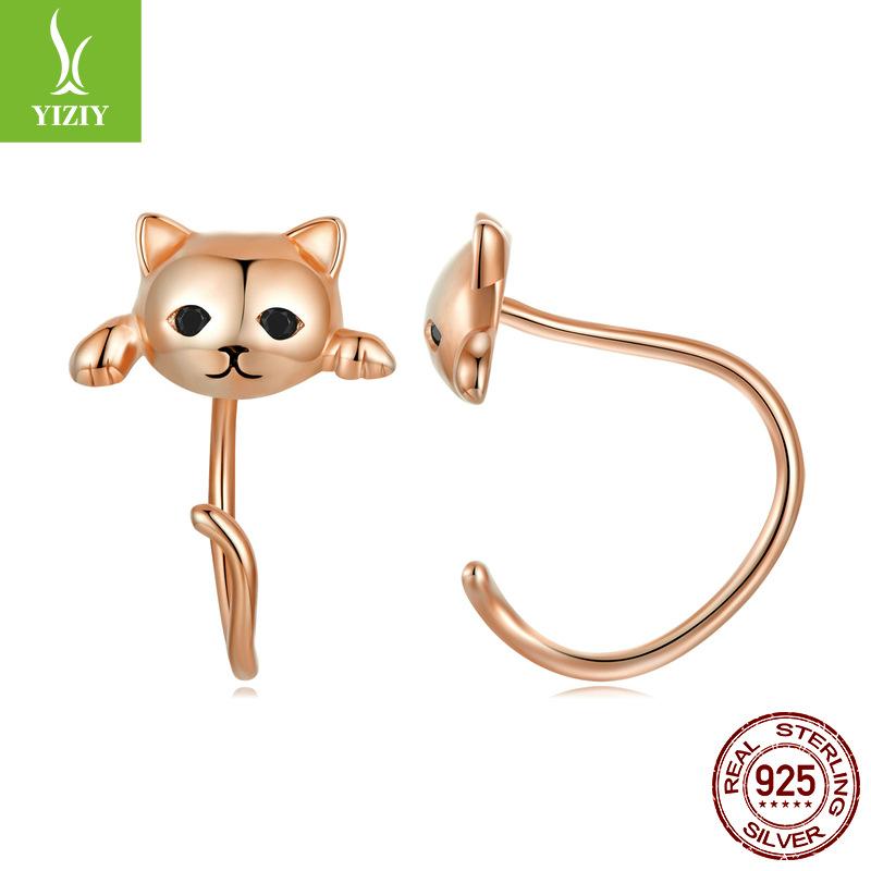 Cute Cat Stud Earrings Set, Playful Animal Electroplated 925 Sterling Silver Jewelry.