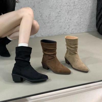 Bocanci de Damă din Piele Velur Până la Jumătatea Gambei Culoare Solidă Toc Mediu Modă Iarnă Noi Punctați Versatili Modă Plisați Bocanci
