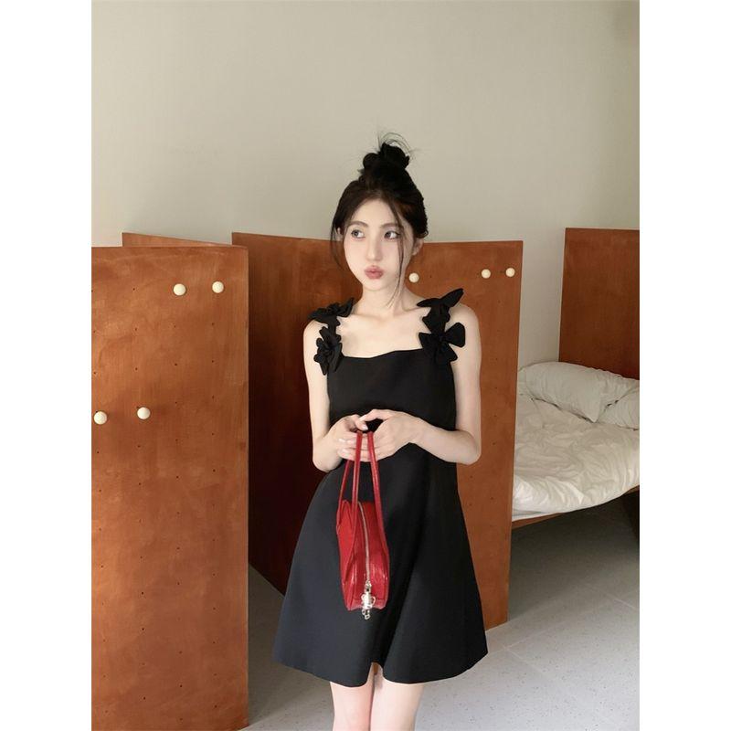 Kumikumi Sweet Style Three-Dimensional Flower Sling Dress Women Summer Temperament Black Slimming A- Line Skirt Short Dress