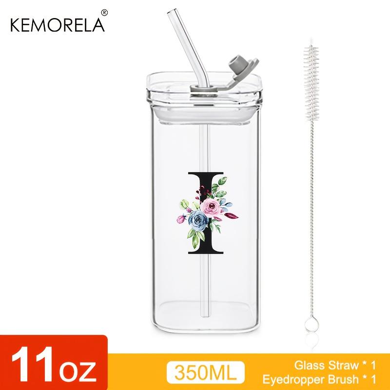 1 STÜCK 24 Buchstabenförmige Glastrinkbecher mit Deckel und Strohhalm Kaffeebecher 300ML Klarer quadratischer Trinkbecher für Kaffee Bier Milch