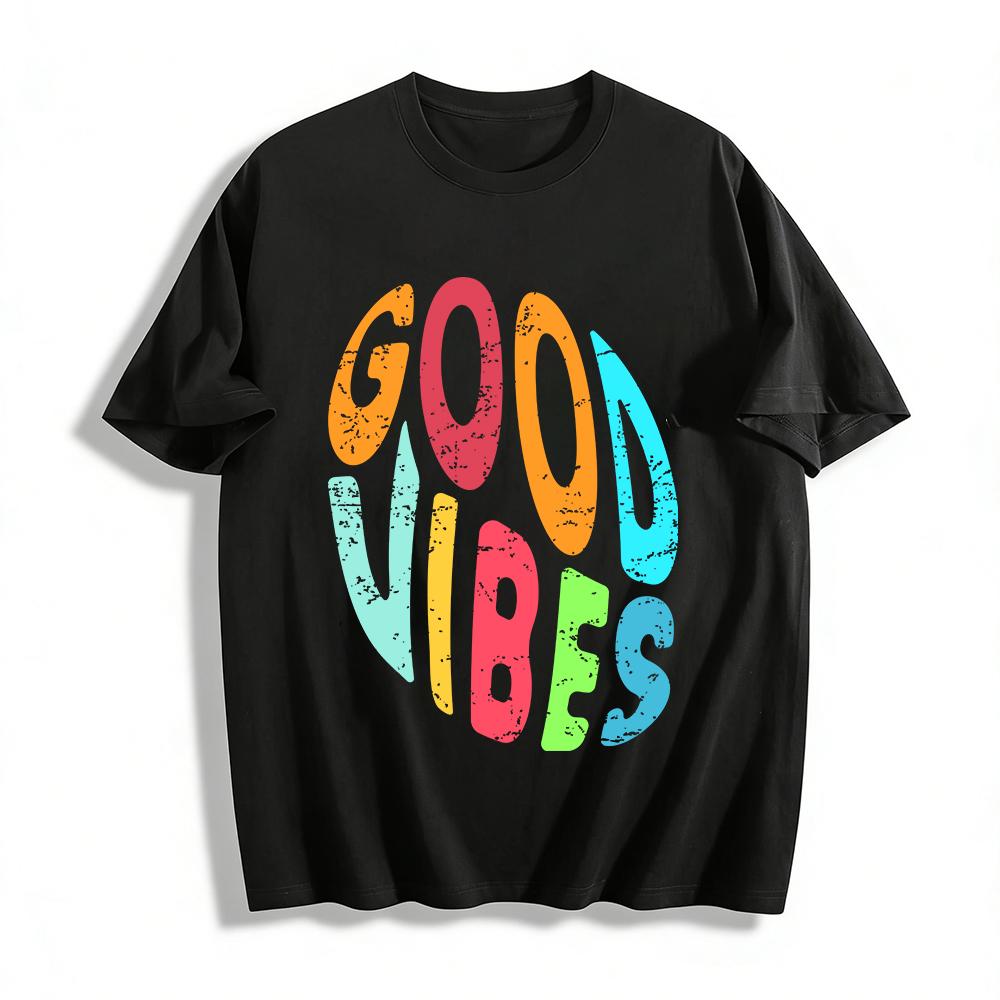 Retro Style Good Vibes Colorful Letter Print Casual Short Sleeve T-Shirt Pure cotton T-shirt XXS