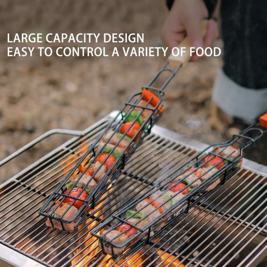 Barbecue Grill Baskets for Meat Vegetables Lockable Grille Rolling BBQ Cage with Wooden Handle Barbecue Net Rack for Shrimp Fish Veggies