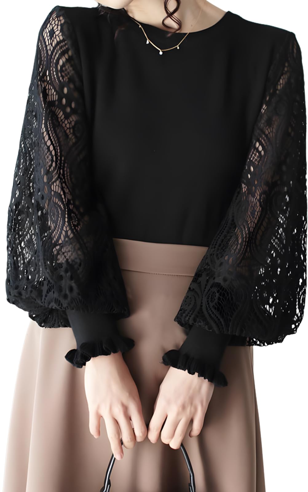 

Новый кружевной трикотажный топ с рукавами-буфами, длинный, разработанный с правильной свободной посадкой для повседневной носки, кружевной топ, прозрачный, рукава, элегантный, формальный, пуловер, весна/осень, чёрный
