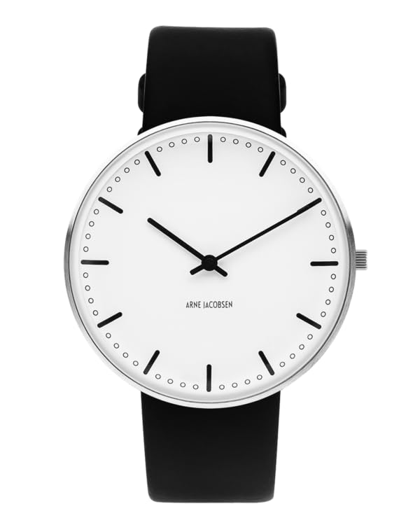ARNE JACOBSEN CITYHALL 53202-2001 Watch, 40mm, Scandinavian Design, Water Resistant (Quiet Design with No Second Hand), White with Black Leather Strap