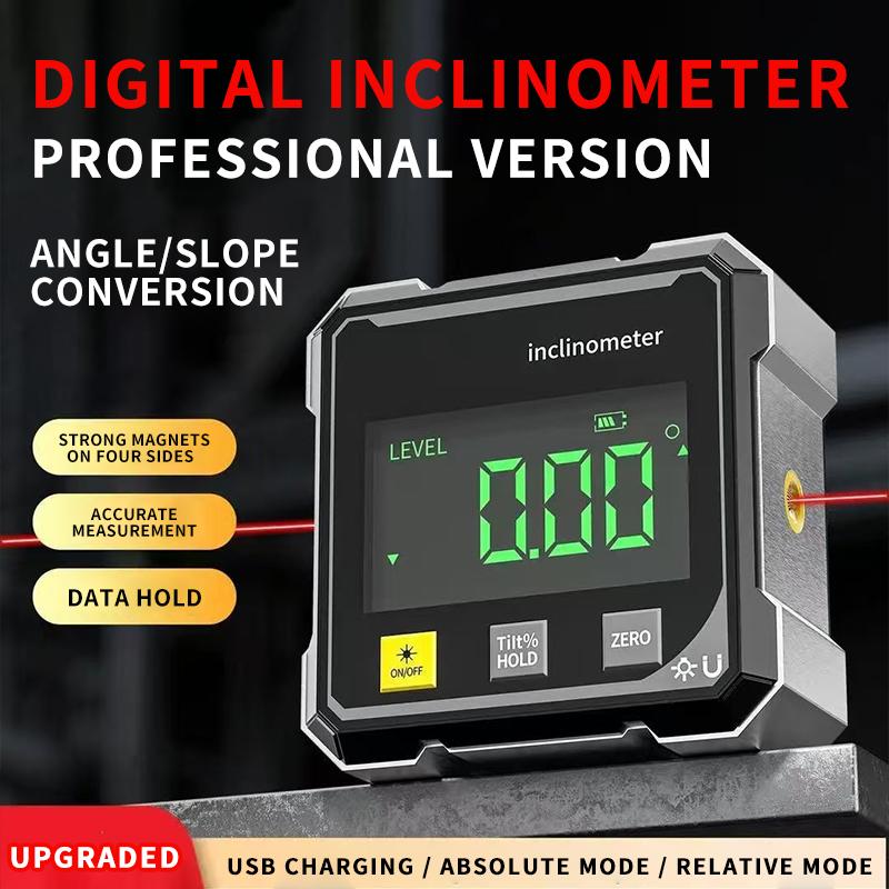 Digital Laser Angle Finder Protractor Tool, 4×90° High Accuracy Measuring Tool Large Led Display Magnetic Base, USB Rechargeable