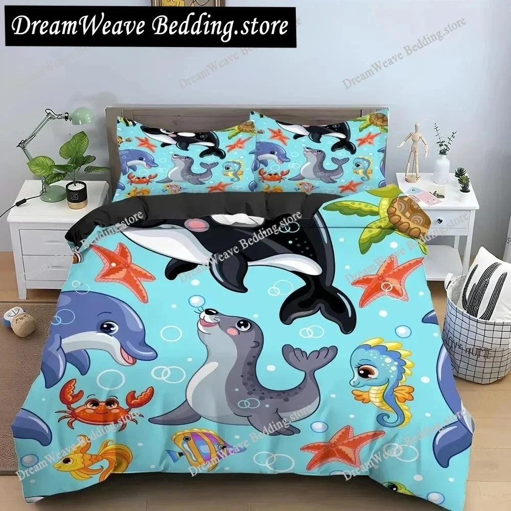 Bule Dolphin Whale King Queen Duvet Cover Underwater World Bedding Set Cartoon Sea Animal Comforter Cover Polyester Quilt Cover