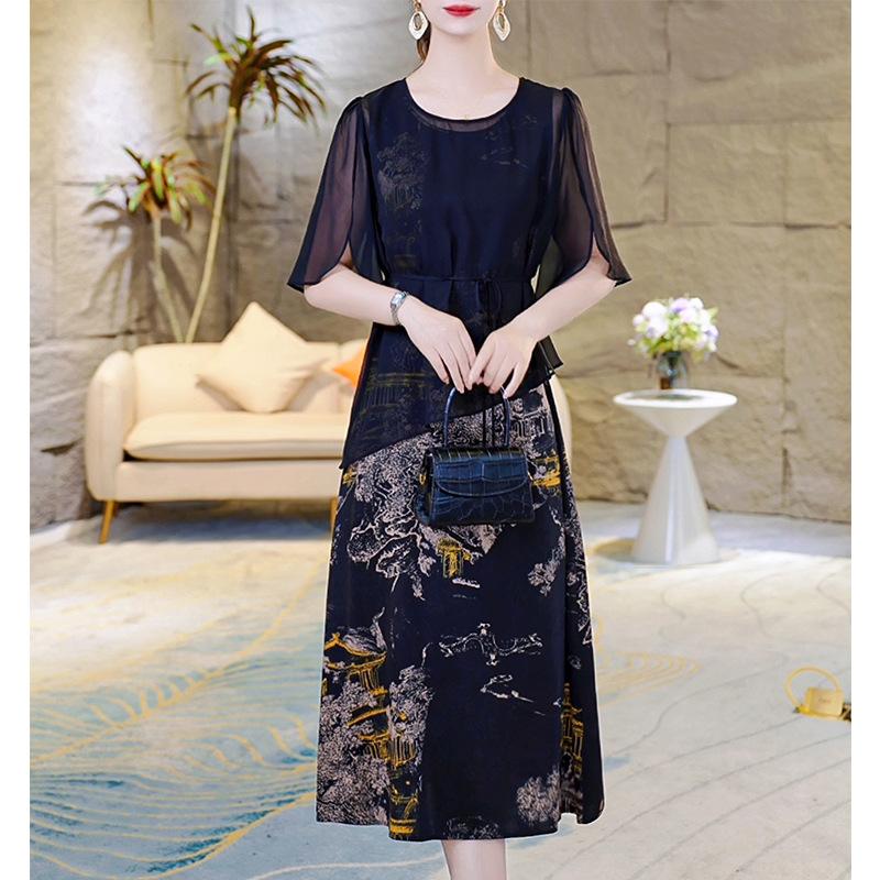 Fashion Printed Fake Two-piece Silk Dress Medium and Long Temperament Slim and Thin Mulberry Silk Skirt