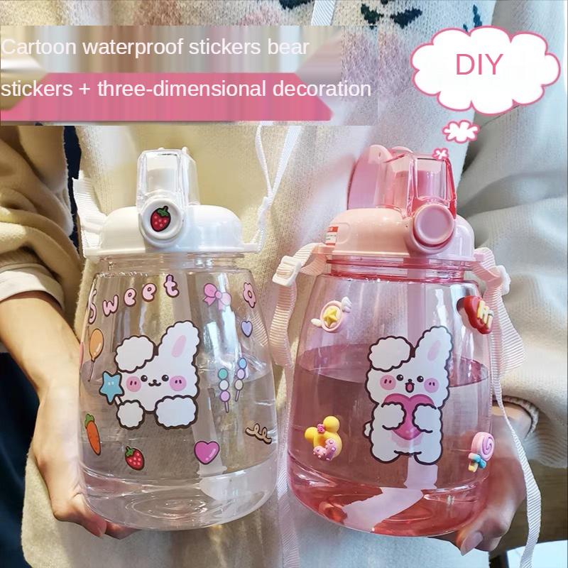 1300 ML Large Capacity Outdoor Sports Water Bottle with Straw Strap Creative Cute Sticker Portable Plastic Kids Sippy Water Cup