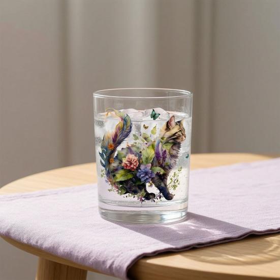 Cute Cat Floral Glass, Juice Coffee Cup, Milk Tea Glass Mug, Artistic Whiskey Coffee Mug for Home Bar, Gift for Cat Lovers