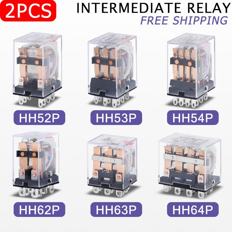 2PCS Miniature Coil General Electromagnetic Intermediate Relay Switch HH52P 53P 54P 62P 63P LED 12/24VDC 110/220VAC Relays 5