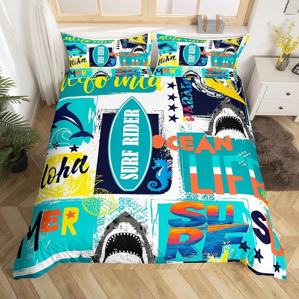 Surf Duvet Cover for Kids Teens Quilt Cover Queen King Size Lightweight Down Room Decor 2 Pillowcases 1 Duvet Cover No Comforter
