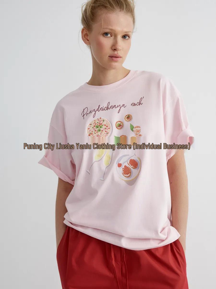 100% Cotton Heart Print Short Sleeve T-shirt - American Style, Fun & Hip Hop-Inspired, Girly & Stylish Top 3XL розовый