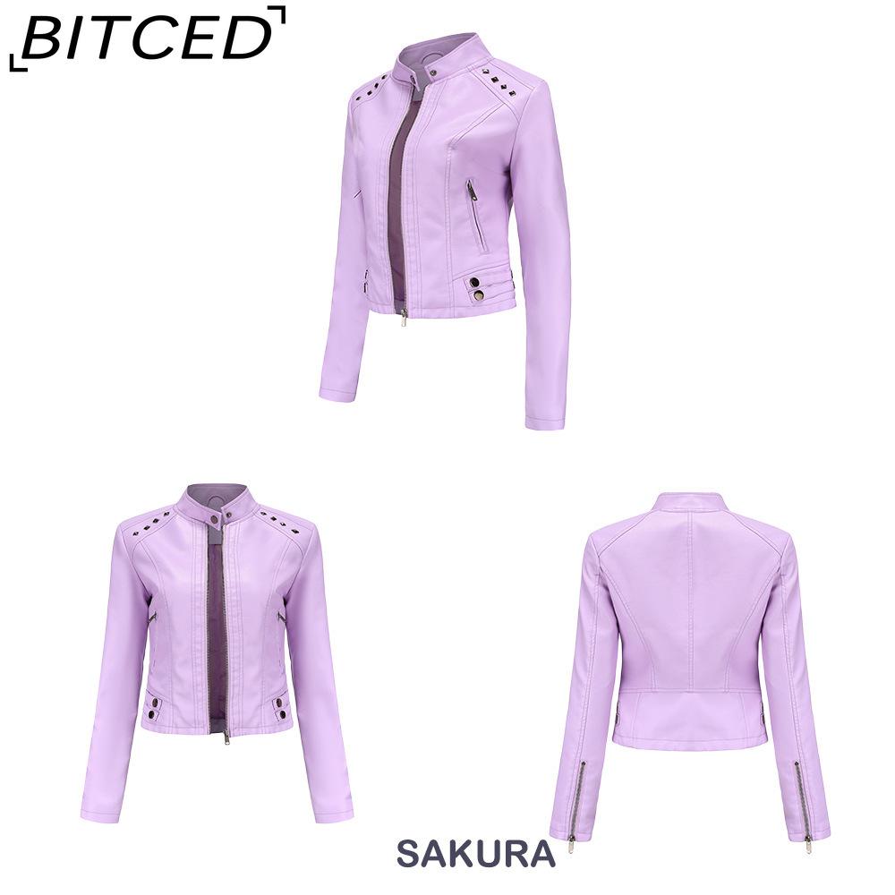 BITCED Women's Studded Leather Jacket Spring/Autumn Long-Sleeved Stand-Collar Fashion Jacket