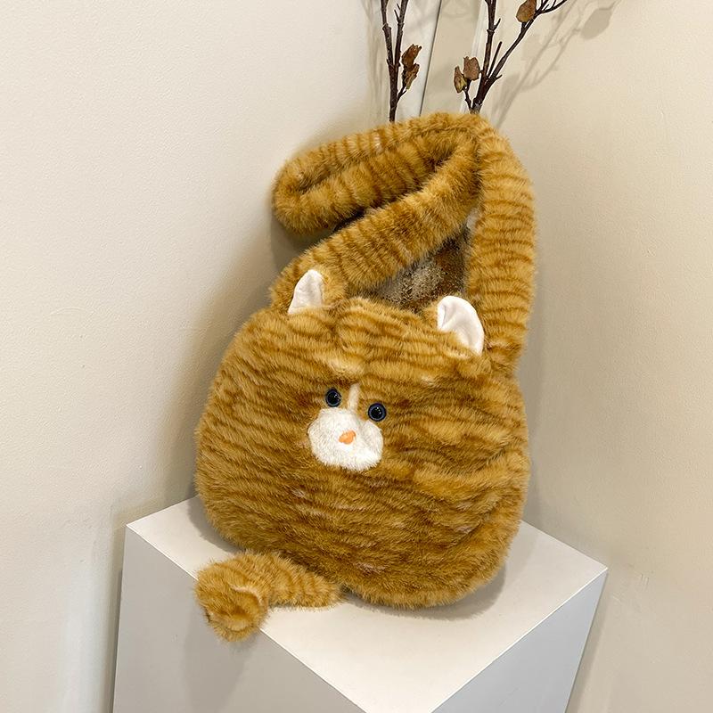 

Сумка-тоут плюшевый кот сумка-мессенджер 2025 новый женский стиль девушка мягкая милая пушистая большая вместимость one size fits all коричневый