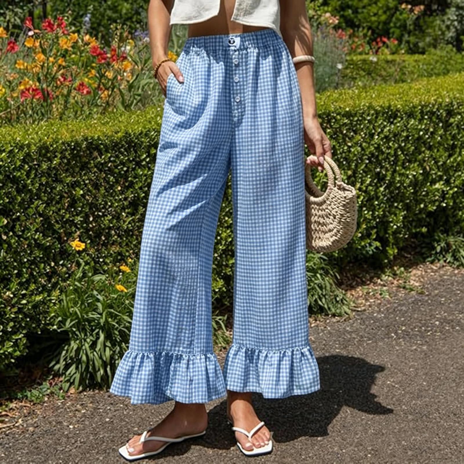 

Women s Wide Leg Pants, Elastic Waist Plaid Trousers With Ruffle Hem And Button Detail L синій