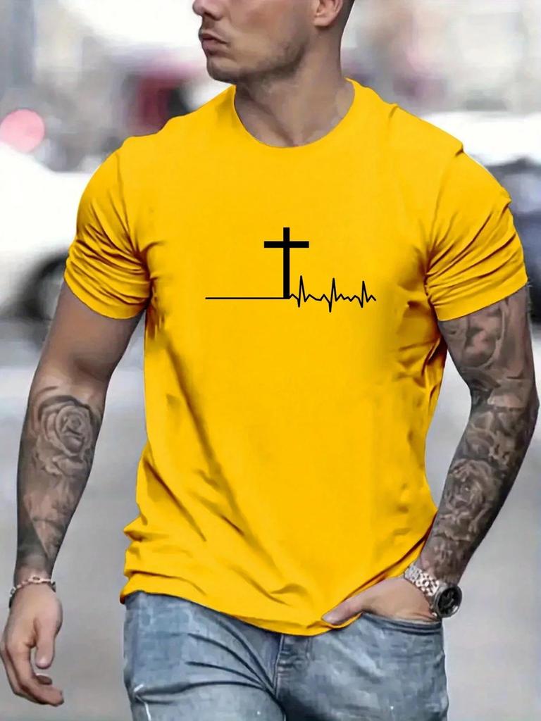 Summer Men's Loose T-shirt 100% Cotton Comfortable Fashion Cross Print Slim Casual Sports Round Neck Short-sleeved T-shirt Top