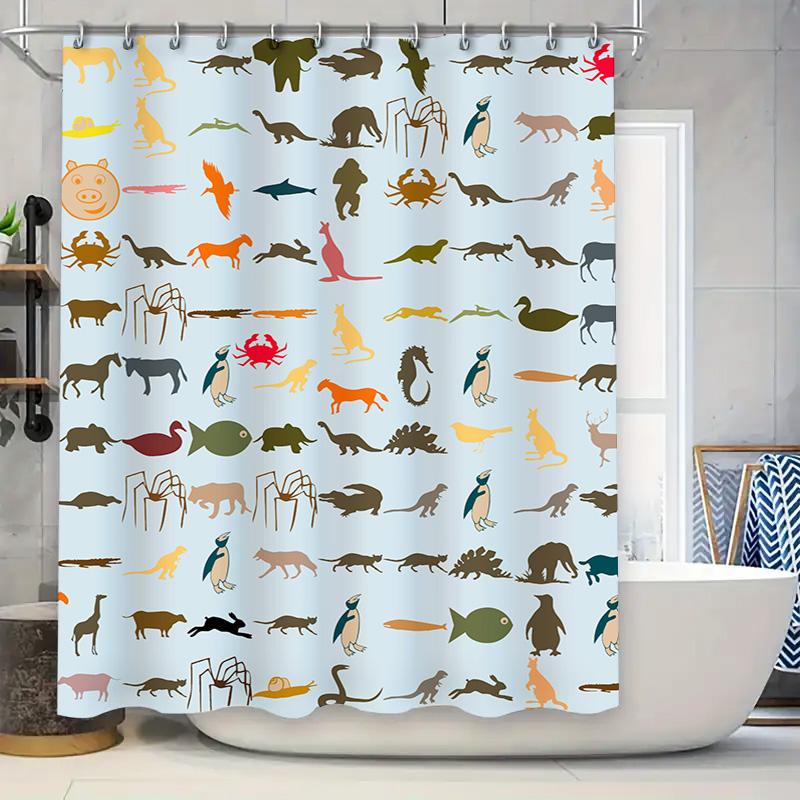 

Animal Print Shower Curtain Set featuring unique animal designs for bathroom decor Blue Background with various animals silhouet 90x180cm