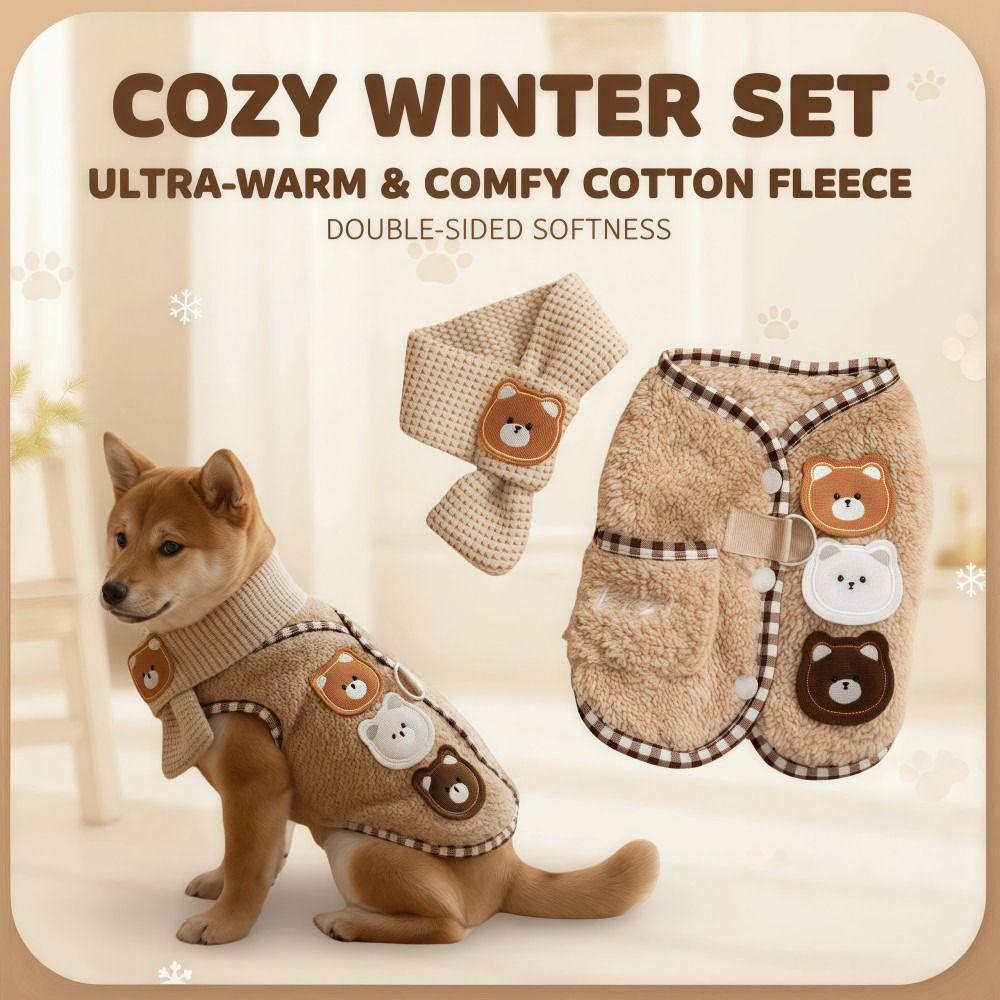 Cartoon Bear Puppy Coat Scarf Set Cotton Warm Autumn Winter Puppy Clothes Comfortable Double-faced Pile Dog Vest Jacket