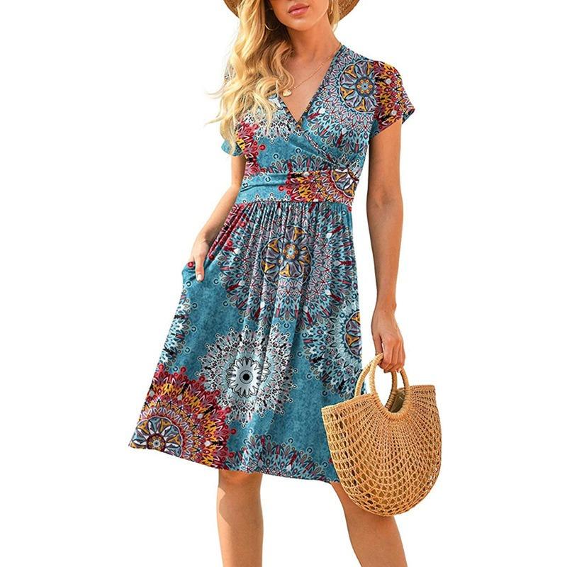 Fashionable New Women's Dress, V-neck Short-sleeved Printed Pockets, Elegant and Versatile