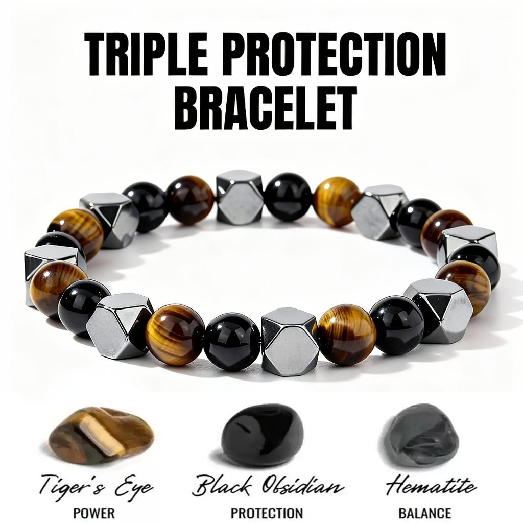 0.31 Inch Natural Stone Beaded Bracelet for Men, Tiger Eye Hematite Punk Protective Bracelet