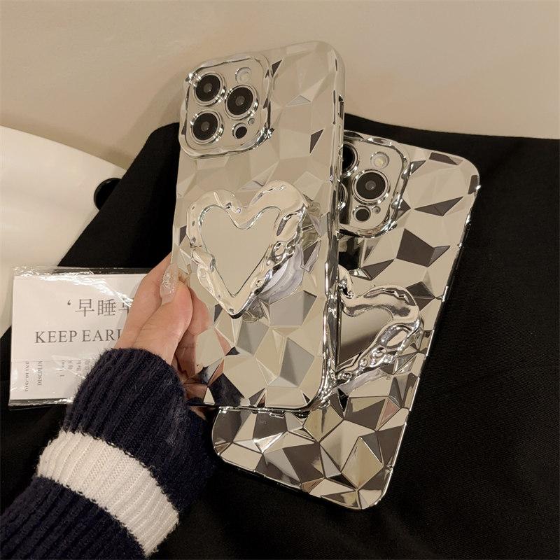 Luxury 3D Diamond-patterned Plated Love Stand Case for iPhone 15 Pro Max 14 Plus 13 12 11 7 8Plus SE 2020 All-inclusive Fall Protection Cover