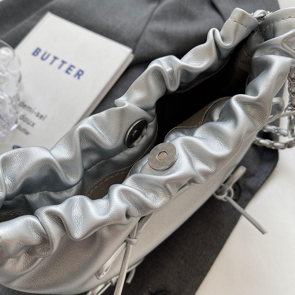 Women Pleated Crossbody Bag Large Capacity PU Bow Shoulder Bag Simple Messenger Bag Solid Color Hasp Closure for Party Vacation