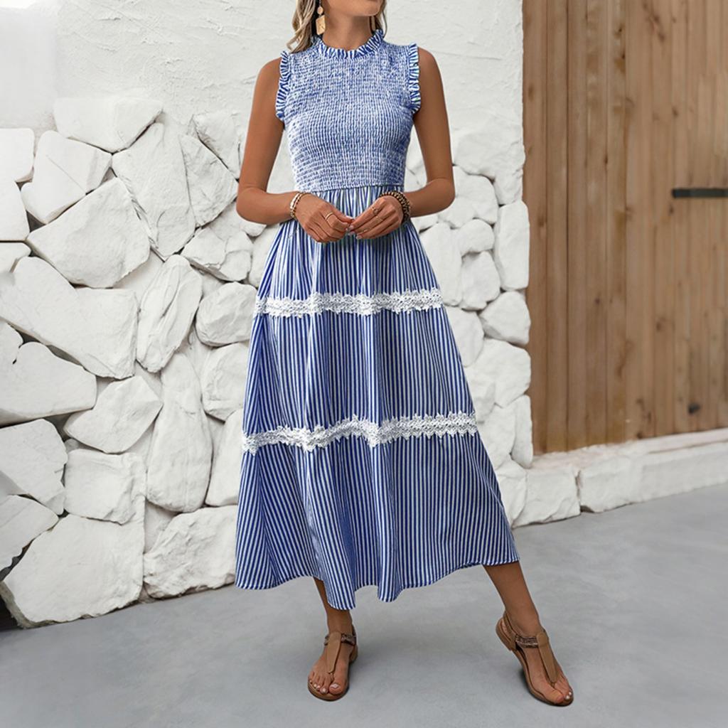 New Sweet Casual Lace Ruffled Trim Sleeveless Striped Summer Dress