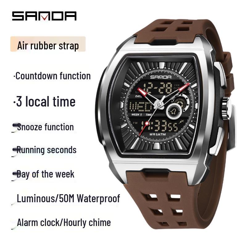 Sanda Men s Multifunctional Dual Display Waterproof Sports Watch with World Time, Luminous Features, and Alarm