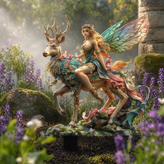 Fairy Deer Garden Stake, 2D Acrylic Fairy Tale Yard Art Stake, Forest Fairy Riding Deer Outdoor Decoration for Lawn Flower Bed Planter