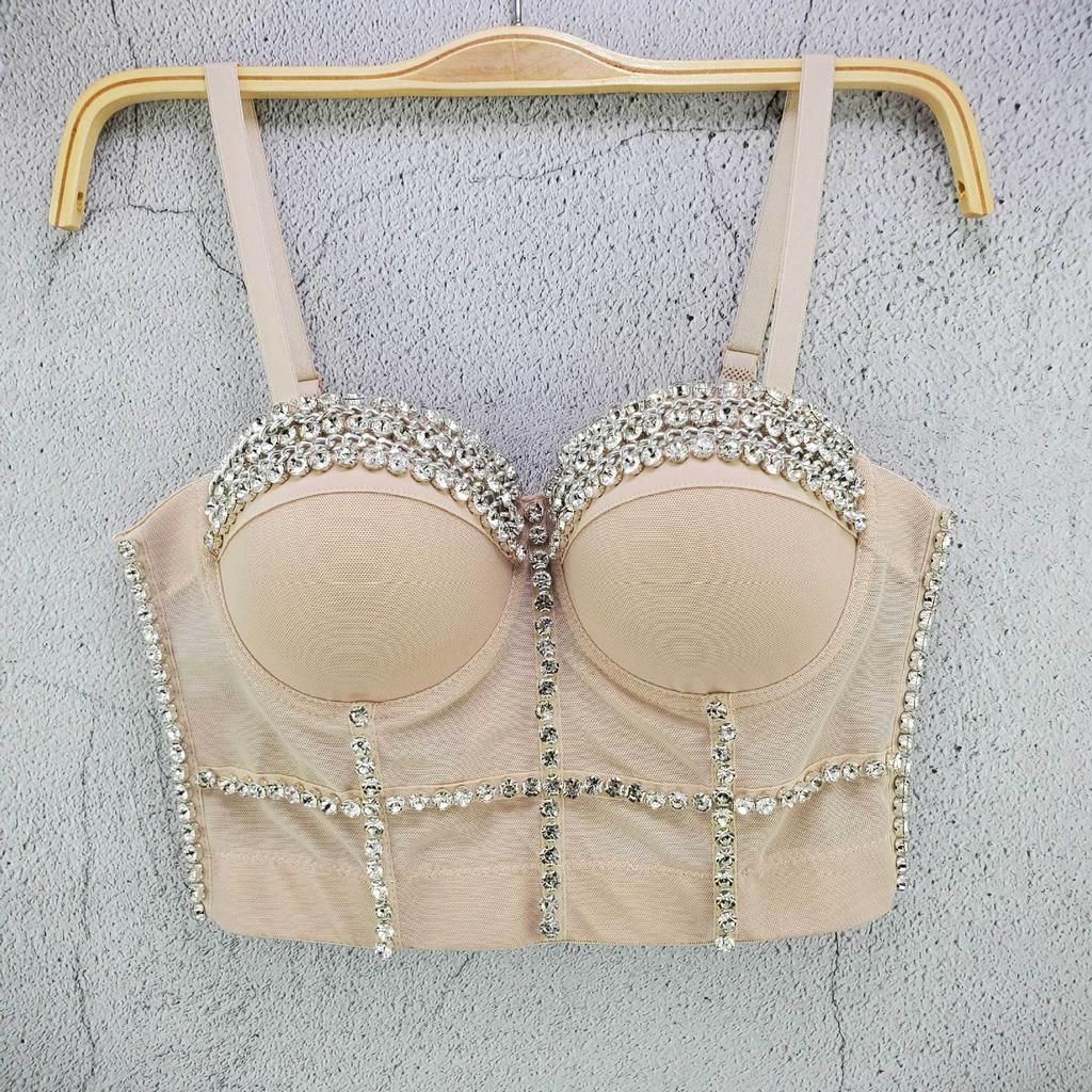 Handmade Crystal-embellished Popular Small Tank Top with A Halter Neckline Street Style Trendy Waist-cinching Bra Top Camis & Tank Tops