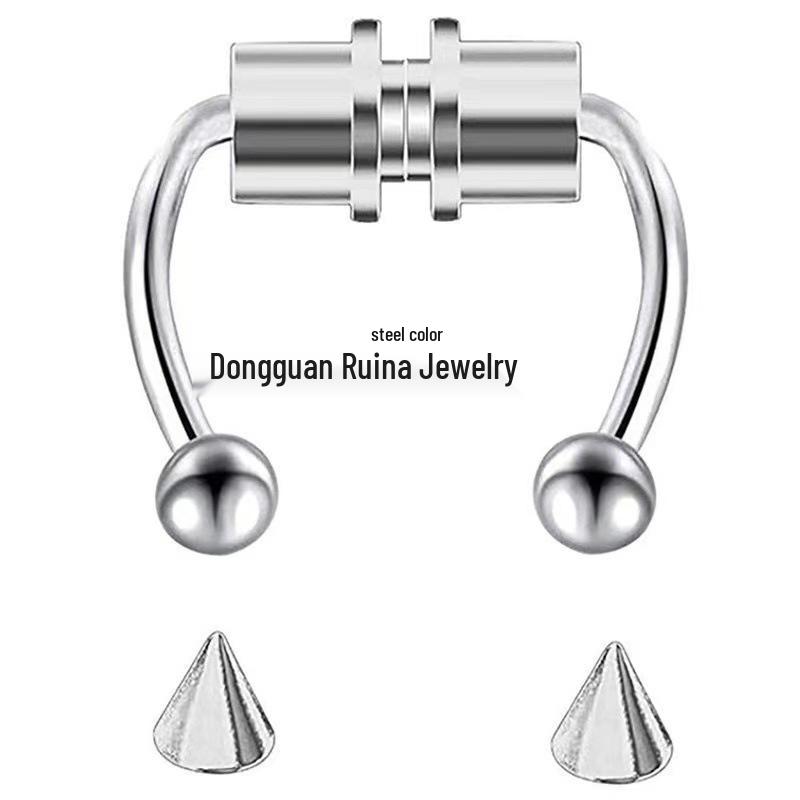 

Stainless Steel Magnet Fake Nose Ring - Horseshoe Titanium Style with Double Balls and Cone Ends, No Piercing Needed.