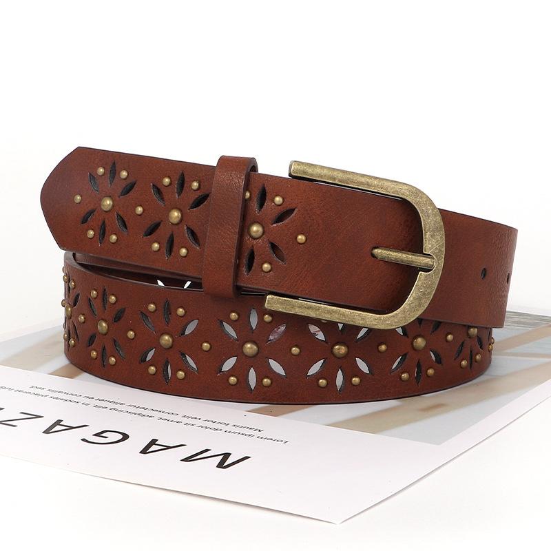 Women S Vintage Belt Hollow Flower Rivet Decorative Belt For Jeans Dress Dual Color