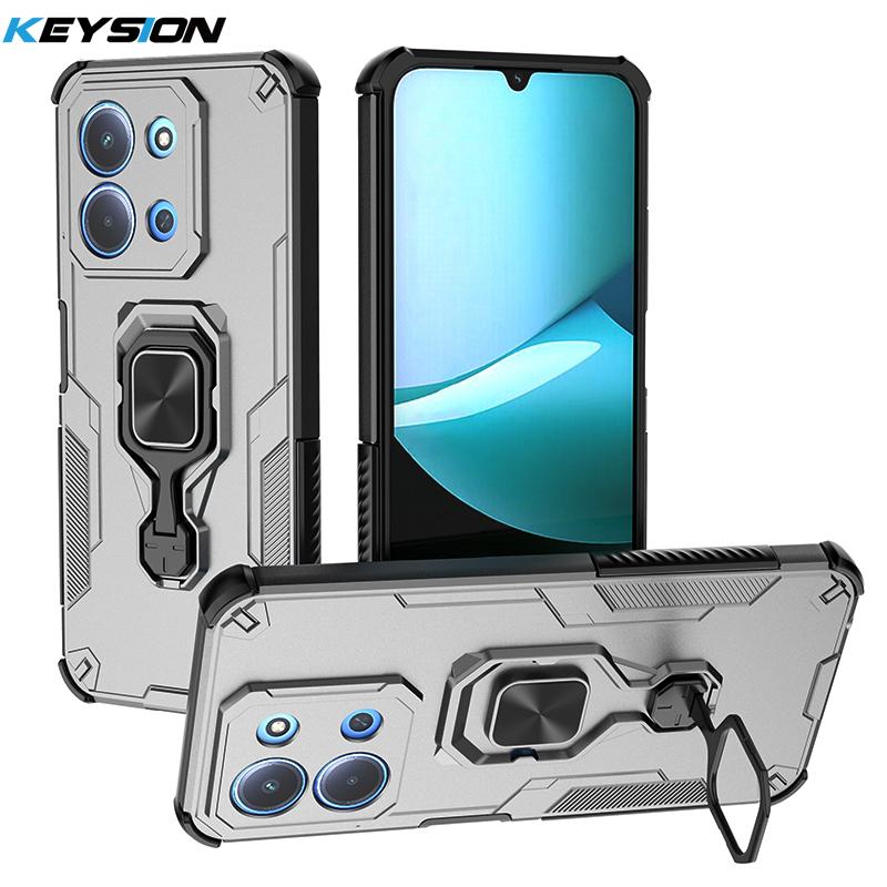 KEYSION Shockproof Armor Case for Redmi 15C 171mm 173mm Silicone+PC Upright Metal Live Ring Stand Phone Cover for Xiaomi POCO C85