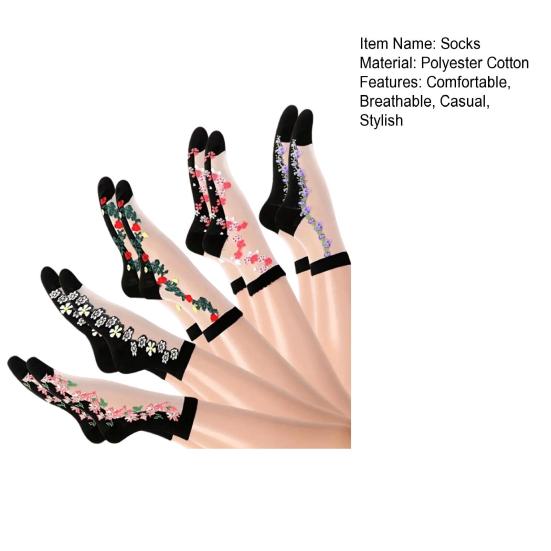 5 Pairs Women's Floral Print Sheer Socks Summer Thin Transparent Mesh Ankle Socks Casual Breathable Crew Socks