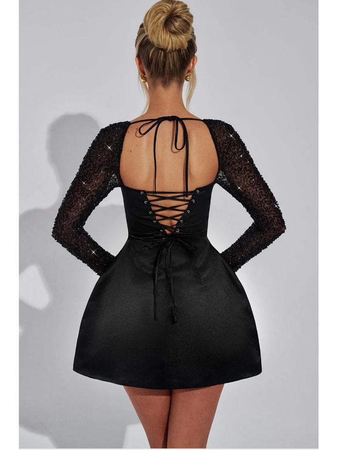 Elegant Solid Color A-Line Dress with Square Neck & Lace Patchwork - Winter 2024 Collection