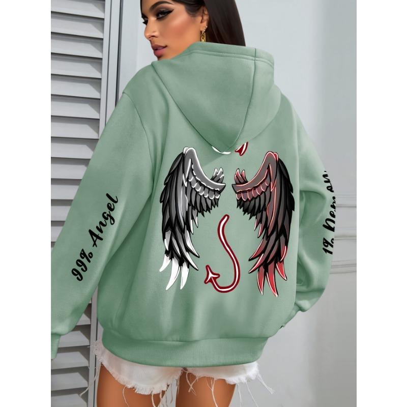 Übergröße Engels- und Dämonen-Print Hoodie, Lässiges Langarm-Kapuzensweatshirt mit Tasche für Winter & Herbst, Entwickelt für Damen
